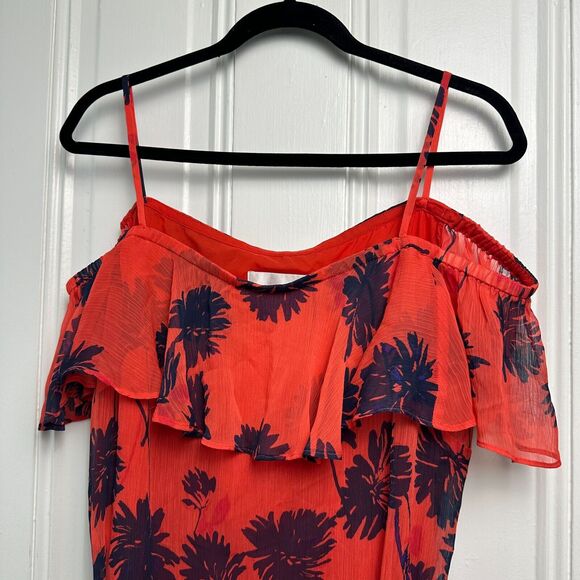 Donna Morgan Mini Dress Womens 16 Orange Navy Floral Off Shoulder Flowy Beachy - Picture 2 of 9
